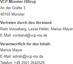 VCP Münster-Hiltrup, An der Gräfte 3, 48165 Münster. Vorstand: Reto Vosseberg, Lasse Helén, Marius Mayer